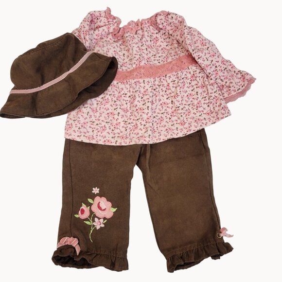 Nannette Other - 18mo Baby Girl 3pc Floral Corduroy Set Hat Top Pants Ruffle Kidcore Pink Brown